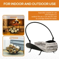 Outsunny 16" Firewood Log Rack Curved Fireplace Log Holder Wood Storage Basket Carrier with Flexible Handle, for Outdoor and Indoor Use, Black(m-6)