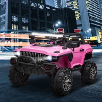 Aosom Kids Ride-On Car 12V RC 2-Seater Police Truck Electric Car For Kids with Full LED Lights, MP3, Parental Remote Control ,Pink(m-2)