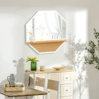 HOMCOM 24"x24"/61x61cm Octagon Wall Mirror with Wood Storage Shelf, Modern Mirror for Living Room or Bedroom Wall, White(m-1)