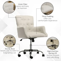 HOMCOM Mid Back Task Chair, Modern Home Office Chair with Tufted Button Design and Padded Armrests, Swivel Computer Desk Chair for Study Living Room Bedroom, Cream White(m-7)