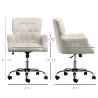 HOMCOM Mid Back Task Chair, Modern Home Office Chair with Tufted Button Design and Padded Armrests, Swivel Computer Desk Chair for Study Living Room Bedroom, Cream White(m-3)