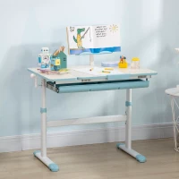 Qaba Kids Desk, Height Adjustable Children School Study Table, Student Writing Desk with Tilt Desktop, Drawer, Reading Board, Blue(m-2)