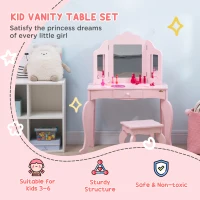 Qaba Kids Vanity Table & Chair Set, Wooden Princess Makeup Dressing Table, Pretend Play Vanity Set for Little Girls with Tri-folding Mirrors, Drawer, Pink(m-4)