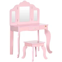 Qaba Kids Vanity Table & Chair Set, Wooden Princess Makeup Dressing Table, Pretend Play Vanity Set for Little Girls with Tri-folding Mirrors, Drawer, Pink(m-2)