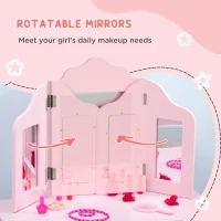 Qaba Kids Vanity Table & Chair Set, Wooden Princess Makeup Dressing Table, Pretend Play Vanity Set for Little Girls with Tri-folding Mirrors, Drawer, Pink(m-5)