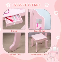 Qaba Kids Vanity Table & Chair Set, Wooden Princess Makeup Dressing Table, Pretend Play Vanity Set for Little Girls with Tri-folding Mirrors, Drawer, Pink(m-6)