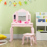Qaba Kids Vanity Table & Chair Set, Wooden Princess Makeup Dressing Table, Pretend Play Vanity Set for Little Girls with Tri-folding Mirrors, Drawer, Pink(m-7)
