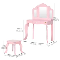 Qaba Kids Vanity Table & Chair Set, Wooden Princess Makeup Dressing Table, Pretend Play Vanity Set for Little Girls with Tri-folding Mirrors, Drawer, Pink(m-3)