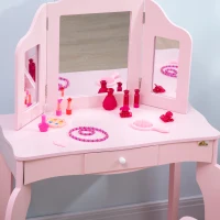 Qaba Kids Vanity Table & Chair Set, Wooden Princess Makeup Dressing Table, Pretend Play Vanity Set for Little Girls with Tri-folding Mirrors, Drawer, Pink(m-8)