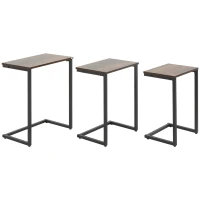 HOMCOM Nesting End Tables Set of 3, Industrial C-Shaped Snack Side Table with Steel Frame for Sofa Couch, Bed, Living Room, Rustic Brown(m-2)