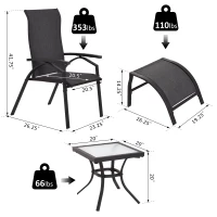 Outsunny 5pcs Outdoor Sling Bistro Set Garden Sun Lounger Chaise Lounge Reclining Chair w/Side Table & Ottoman  Balcony Furniture Black(m-3)