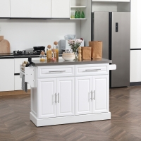 HOMCOM Rolling Kitchen Island with Storage and Stainless Steel Top, Kitchen Trolley with Drawers, Cabinets, Towel Rack