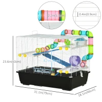 PawHut 31" Large Hamster Cage, Small Animal House, Multi-storey Gerbil Haven, Tunnel Tube System, with Water Bottle, Exercise Wheel, Food Dish, Ramps, Black(m-3)