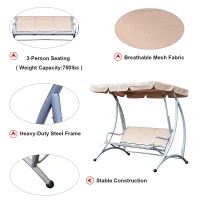 Outsunny 3 Seat Metal Swing Chair Hammock w/ Canopy Cover Heavy Duty Patio Garden Outdoor Beige(m-4)