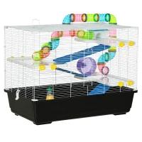 PawHut 31" Large Hamster Cage, Small Animal House, Multi-storey Gerbil Haven, Tunnel Tube System, with Water Bottle, Exercise Wheel, Food Dish, Ramps, Black(m-2)