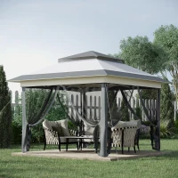 Outsunny 12'x12' Heavy Duty Pop Up Canopy with Center Lift Hook Design, Mesh Sidewall Netting, 3-Level Adjustable Height, Grey(m-9)