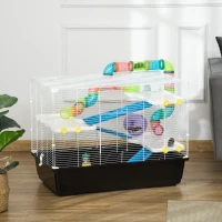 PawHut 31" Large Hamster Cage, Small Animal House, Multi-storey Gerbil Haven, Tunnel Tube System, with Water Bottle, Exercise Wheel, Food Dish, Ramps, Black(m-1)