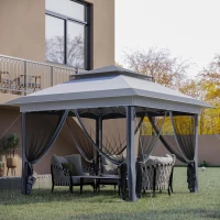 Outsunny 12'x12' Heavy Duty Pop Up Canopy with Center Lift Hook Design, Mesh Sidewall Netting, 3-Level Adjustable Height, Grey(m-1)