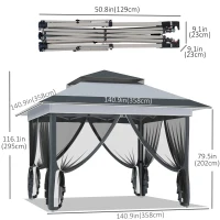 Outsunny 12'x12' Heavy Duty Pop Up Canopy with Center Lift Hook Design, Mesh Sidewall Netting, 3-Level Adjustable Height, Grey(m-3)