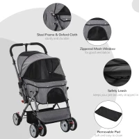 PawHut Pet Stroller Foldable Dog/Cat Travel Carriage with Reversible Handle EVA Wheels Brakes Storage Bag, 3-stage Canopy, Zippered Mesh Window Door, Grey(m-6)