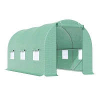 Outsunny 15' x 7' x 7' Walk-in Tunnel Hoop Greenhouse, Green House for Outside with PE Cover, Steel Frame, Roll-Up Zipper Door & Windows for Flowers, Vegetables, Tropical Plants, Green(m-1)