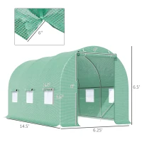 Outsunny 15' x 7' x 7' Walk-in Tunnel Hoop Greenhouse, Green House for Outside with PE Cover, Steel Frame, Roll-Up Zipper Door & Windows for Flowers, Vegetables, Tropical Plants, Green(m-3)