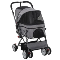 PawHut Pet Stroller Foldable Dog/Cat Travel Carriage with Reversible Handle EVA Wheels Brakes Storage Bag, 3-stage Canopy, Zippered Mesh Window Door, Grey(m-1)