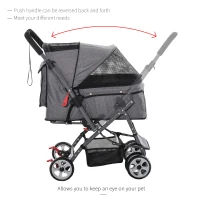 PawHut Pet Stroller Foldable Dog/Cat Travel Carriage with Reversible Handle EVA Wheels Brakes Storage Bag, 3-stage Canopy, Zippered Mesh Window Door, Grey(m-8)