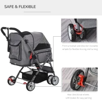 PawHut Pet Stroller Foldable Dog/Cat Travel Carriage with Reversible Handle EVA Wheels Brakes Storage Bag, 3-stage Canopy, Zippered Mesh Window Door, Grey(m-5)