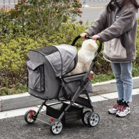 PawHut Pet Stroller Foldable Dog/Cat Travel Carriage with Reversible Handle EVA Wheels Brakes Storage Bag, 3-stage Canopy, Zippered Mesh Window Door, Grey(m-2)