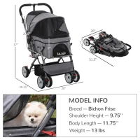 PawHut Pet Stroller Foldable Dog/Cat Travel Carriage with Reversible Handle EVA Wheels Brakes Storage Bag, 3-stage Canopy, Zippered Mesh Window Door, Grey(m-3)