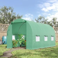 Outsunny 15' x 7' x 7' Walk-in Tunnel Hoop Greenhouse, Green House for Outside with PE Cover, Steel Frame, Roll-Up Zipper Door & Windows for Flowers, Vegetables, Tropical Plants, Green(m-2)
