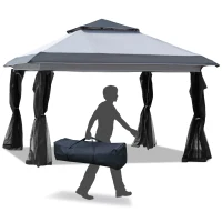 Outsunny 12' x 12' Pop Up Canopy Sun Shade Instant Tent Folding with Mesh Sidewall Netting, 3-Level Adjustable Height and Storage Bag, Grey(m-1)