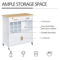 HOMCOM Portable Kitchen Trolley with Bamboo Top Storage Cabinet and Wine Rack (White)(m-4)