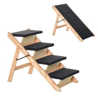 PawHut Wood Pet Stairs 2 In 1 Convertible Dog Steps and Carpeted Ramp Portable Foldable 4 Level Cat Ladder for High Bed Couch Car(m-2)