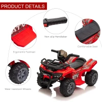 Aosom 6V Battery Powered Electric ATV, Quad Four Wheeler Ride On Toy Car w/ LED Headlights for Kids Toddlers, Red(m-5)