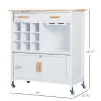 HOMCOM Portable Kitchen Trolley with Bamboo Top Storage Cabinet and Wine Rack (White)(m-3)