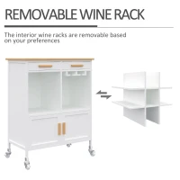 HOMCOM Portable Kitchen Trolley with Bamboo Top Storage Cabinet and Wine Rack (White)(m-7)