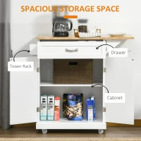 HOMCOM Foldable Kitchen Island with Storage Drawer, Farmhouse Style Rolling Utility Cart, Coffee Bar Cabinet on Wheels with Drop-Leaf Wood Top, White(m-4)