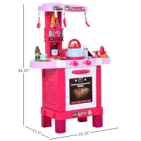 HOMCOM  Kids Kitchen Play Set Children Chef Play Game Toy Cook Bake Boil w/ 33Pc Toy Accessories, Light, Sound - Pink(m-3)