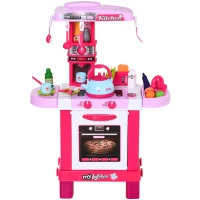HOMCOM  Kids Kitchen Play Set Children Chef Play Game Toy Cook Bake Boil w/ 33Pc Toy Accessories, Light, Sound - Pink(m-2)