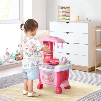 Qaba Kids Kitchen Set Kitchen Playset Pretend Toy Children Role Play Game Toy with Light & Sound Function  38Pcs Toy Accessories - Pink(m-1)