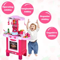 HOMCOM  Kids Kitchen Play Set Children Chef Play Game Toy Cook Bake Boil w/ 33Pc Toy Accessories, Light, Sound - Pink(m-4)