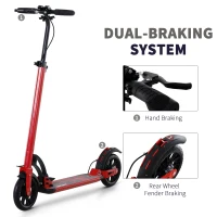 Soozier Kick Scooter Folding Adjustable Ride On Toy w/ Dual Braking System, Rear Shock Absorption and 8" Big Wheels For 14+ Teens Adult, Red(m-5)