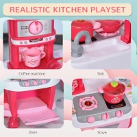 Qaba Kids Kitchen Set Kitchen Playset Pretend Toy Children Role Play Game Toy with Light & Sound Function  38Pcs Toy Accessories - Pink(m-7)