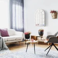 HOMCOM 43" x 27.5" Large Wall Mirror, Arch Window Mirror for Wall Decor in Living Room, Bedroom, Entryway, Rustic White(m-7)