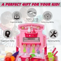 Qaba Pretend Play Kitchen Playset Chef Role Play Game 3-in-1 Design Suitcase Cart with 42 Pcs Accessories for Girls and Boys 3 to 6 Years Old Pink(m-6)