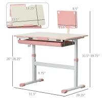 Qaba Kids Desk, Height Adjustable Children School Study Table, Student Writing Desk with Tilt Desktop, Drawer, Reading Board, Pink(m-3)