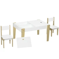 Qaba 3 Pcs Kids Table and Chair Set with Storage Under Tabletop, Activity Table and 2 Chairs, Kids Drawing Table for Playroom Furniture, White(m-1)