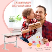 Qaba Kids Desk, Height Adjustable Children School Study Table, Student Writing Desk with Tilt Desktop, Drawer, Reading Board, Pink(m-7)